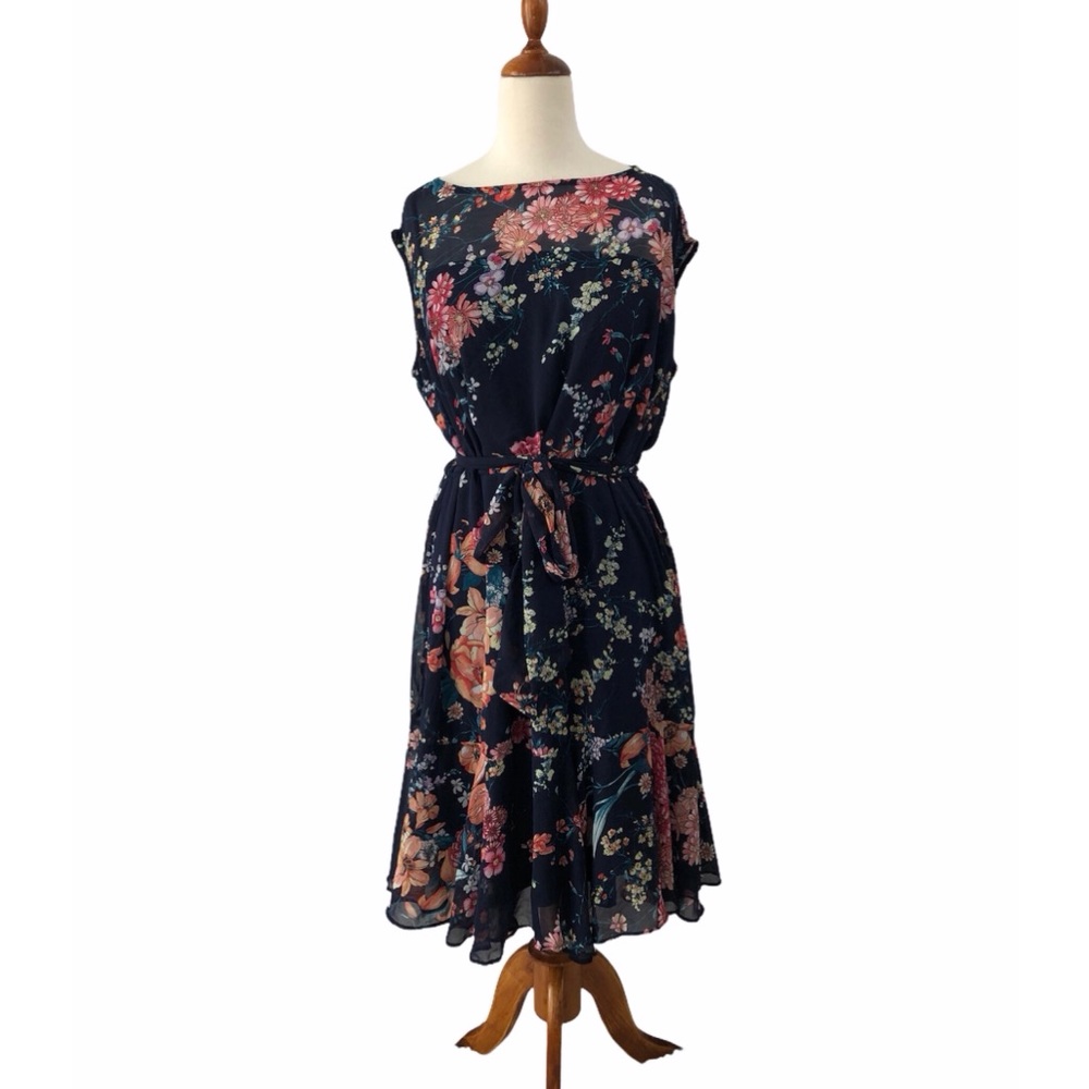 Roz & Ali Blue Floral Ruffle Hem Dress Waist Tie